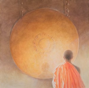 Nuori buddhalaismunkki ja gong, Bhutan, 2010 (akryyli kankaalle)